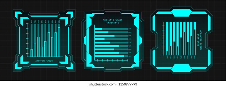 SET of Creative futuristic Ui frame elements, virtual Hi-tech display, screen for HUD interface with graphs. Vector template illustration. Dark Blue theme color.