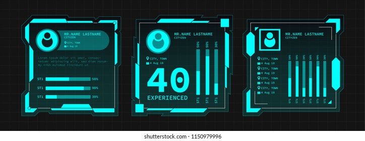 SET of Creative futuristic Ui frame elements, virtual Hi-tech display, screen for HUD interface with profile, status bar and details. Vector template illustration. Dark Blue theme color.
