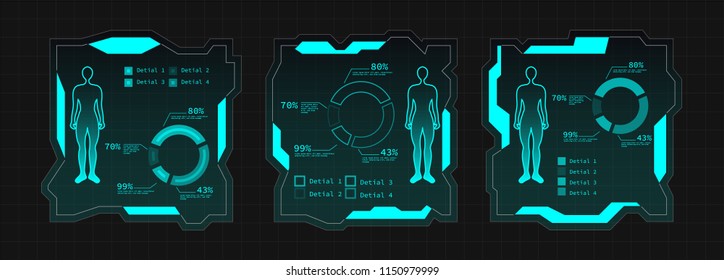 SET of Creative futuristic Ui frame elements, virtual Hi-tech display, screen for HUD interface with medical human status, pie of chart and details. Vector template illustration. Dark Blue theme