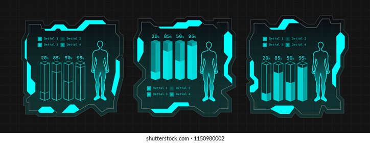 SET of Creative futuristic Ui frame elements, virtual Hi-tech display, screen for HUD interface with medical human status, 3D chart and details. Vector template illustration. Dark Blue theme