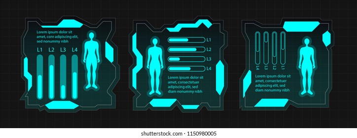 SET of Creative futuristic Ui frame elements, virtual Hi-tech display, screen for HUD interface with medical human status, progress bar and details. Vector template illustration.  Dark Blue theme