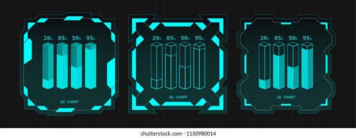 SET of Creative futuristic Ui frame elements, virtual Hi-tech display, screen for HUD interface with 3D chart. Vector template illustration. Dark Blue theme color.