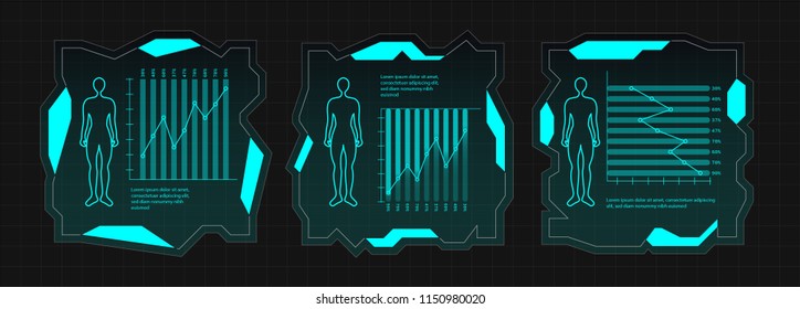 SET of Creative futuristic Ui frame elements, virtual Hi-tech display, screen for HUD interface with medical human status and grphs. Vector template illustration. Blue dark Blue theme color.