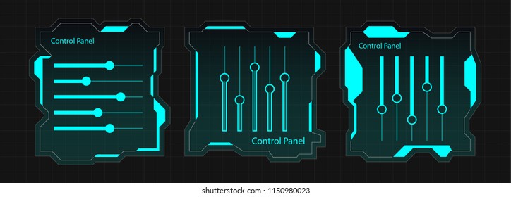 SET of Creative futuristic Ui frame elements, virtual Hi-tech display, screen for HUD interface with control panel of slider bar. Vector template illustration. Blue dark Blue theme color.