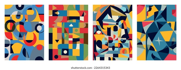 Set of creative geometric cards. Abstract geometry grid patterns