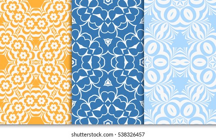 set of creative geometric floral seamless pattern. blue, orange color. vector illustration. template for invitation, card, wallpaper
