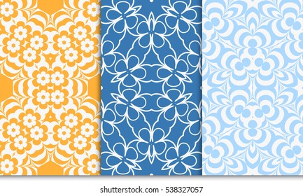 set of creative geometric floral seamless pattern. blue, orange color. vector illustration. template for invitation, card, wallpaper