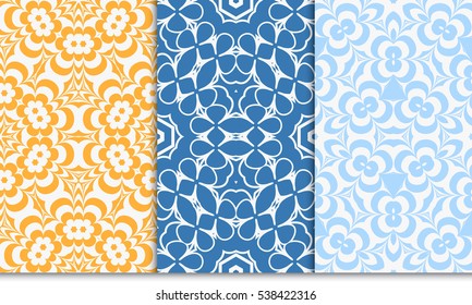 set of creative geometric floral seamless pattern. blue, orange color. vector illustration. template for invitation, card, wallpaper