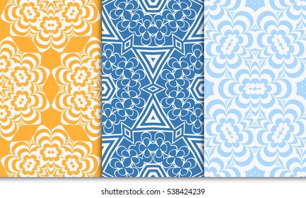 set of creative geometric floral seamless pattern. blue, orange color. vector illustration. template for invitation, card, wallpaper