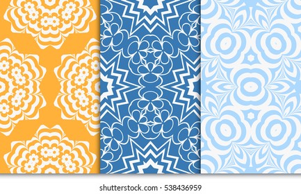 set of creative geometric floral seamless pattern. blue, orange color. vector illustration. template for invitation, card, wallpaper