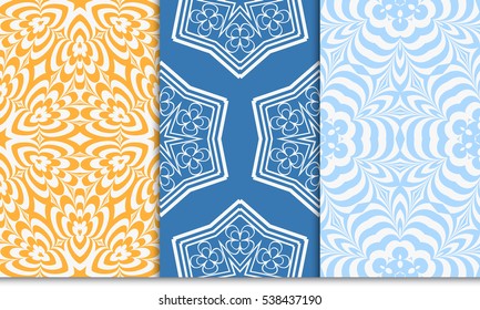 set of creative geometric floral seamless pattern. blue, orange color. vector illustration. template for invitation, card, wallpaper