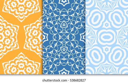 set of creative geometric floral seamless pattern. blue, orange color. vector illustration. template for invitation, card, wallpaper
