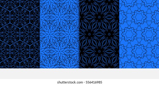 set of creative geometric floral seamless pattern. blue, black color. vector illustration. template for invitation, card, wallpaper