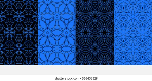 set of creative geometric floral seamless pattern. blue, black color. vector illustration. template for invitation, card, wallpaper