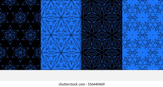 set of creative geometric floral seamless pattern. blue, black color. vector illustration. template for invitation, card, wallpaper
