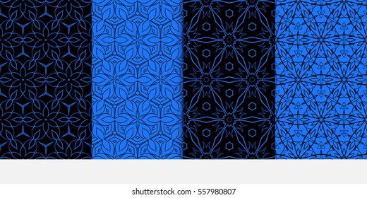 set of creative geometric floral seamless pattern. blue, black color. vector illustration. template for invitation, card, wallpaper