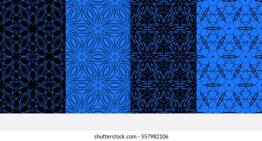 set of creative geometric floral seamless pattern. blue, black color. vector illustration. template for invitation, card, wallpaper