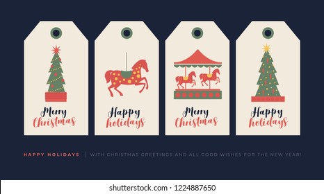 Set of creative gift tags with drawing elements for Christmas and New Year holiday. Decorative vector image of horse, carousel, Christmas tree to decorate gifts. Vector design of seasonal badge.