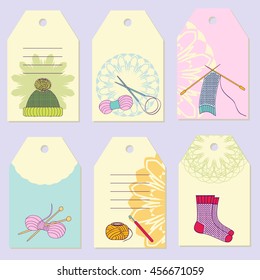 Set creative gift tags. Stock vector set of knitting device and  knitted hat, socks, scarf. It can be used for planning, invitation, design