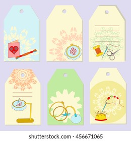 Set creative gift tags. Stock vector set of embroidery devices, equipment for fancywork. It can be used for planning, invitation, design