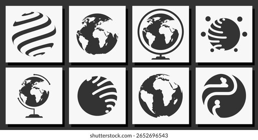 Conjunto de um design criativo de globo ou logotipo da Terra para negócios e tecnologia. O globo está em um stand e é o foco principal da imagem