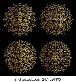 Set of creative gold zentangle mandalas.  Decorative ethnic ornamental elements, Oriental patterns
