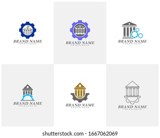 Conjunto de edificios de gobierno creativo con vectores de plantilla de logotipo de engranajes, símbolo de icono