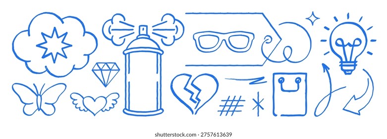 A set of creative graffiti doodle icons. Vector illustration with a grunge texture. Hand drawn graphic elements for urban street art concepts, fun stickers, and modern design projects