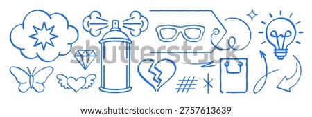 A set of creative graffiti doodle icons. Vector illustration with a grunge texture. Hand drawn graphic elements for urban street art concepts, fun stickers, and modern design projects
