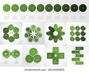 Set of creative green infographic templates with 2, 3, 4, 5, 6, 7, 8, 9 and 10 options, steps, parts or processes.