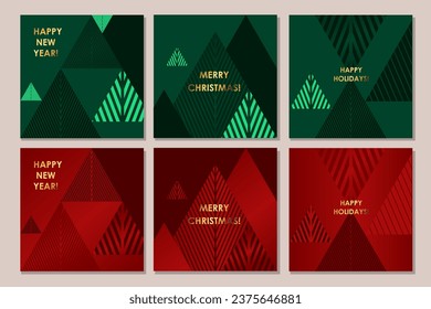 Set von kreativen grünen und roten Karten, Flyer, Plakate für Neujahr, Weihnachtsgrüße. Moderner minimaler Flachstil. Festliche Druckgestaltung.