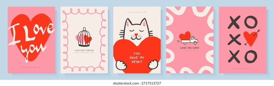 Un conjunto de diseños creativos de tarjetas de felicitación con un lindo gato con un corazón, un camión de reparto, una jaula de pájaros con corazones cerrados y símbolos xoxo en un estilo doodle, para saludos románticos del Día de San Valentín. Ilustración vectorial.