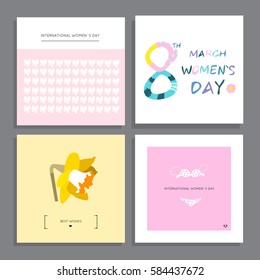  Set of creative greeting cards for 8 march, international women's day. Collection of colorful universal art posters with hand drawn elements