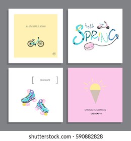 Set of creative greeting cards, hello spring theme. Collection of colorful universal art posters with hand drawn lettering and elements: flowers, retro roller skates, bicycle, ice cream, sun
