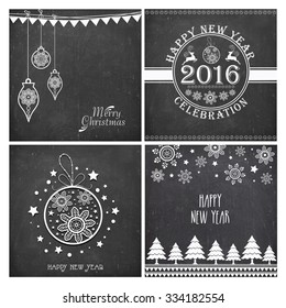 Set of creative greeting cards with stylish ornaments on chalkboard background for Merry Christmas and Happy New Year celebration.