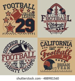 Set of Creative grunge t-shirt graphic designs,  Vintage football print stamps, Sports wear typography emblems, Vector