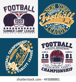 Set of Creative grunge t-shirt graphic designs,  Vintage football print stamps, Sports wear typography emblems, Vector
