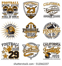 Set of Creative grunge t-shirt graphic designs,  Vintage football print stamps, Sports wear typography emblems, Vector