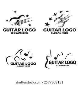 Set of Creative Guitar Logo Designs with Stars and Musical Notes
