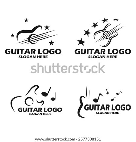 Set of Creative Guitar Logo Designs with Stars and Musical Notes
