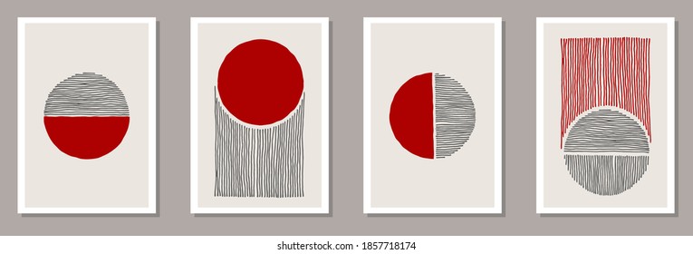 Set of creative hand drawn banners with minimal compositions of circles and lines. Geometric minimalistic posters in japanese style. Abstract sunset concept. Red circle and semicircles, gray lines.