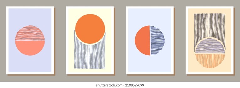 Set of creative hand drawn banners with minimal compositions of circles and lines. Geometric minimalistic posters in japanese style. Abstract sunset concept. Red circle and semicircles, gray lines.