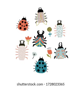 Set of creative hand drawn bugs. Colorful insects print for nursery,apparel,cards. Vector Illustration