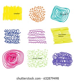 Set of creative hand drawn elements with different textures. Vector design for web, cover, print, brochure, invitation, logotype, etc. Navy blue, azure, magenta and orange, green, yellow, red, violet