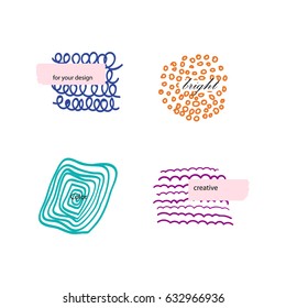 Set of creative hand drawn elements with different textures. Vector design for web, cover, print, brochure, invitation, logotype, etc. Navy blue, azure, magenta and orange.
