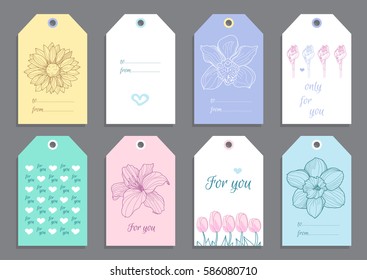 Set of creative hand drawn gift tags, colorful greeting cards, postcards, labels, stickers with flowers. For you, To / from, vector, isolated