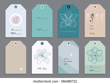 Set of creative hand drawn gift tags, greeting cards, postcards, labels, stickers with flowers. For you, To / from, in pastel green and brown tones, vector, isolated