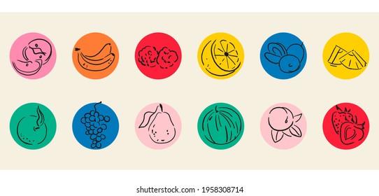 Set of creative hand drawn illustrations. Charcoal drawing. Collage of 12 different juicy fruits. Round colorful icons for avatars of profiles in social networks, stories, applications, stickers.