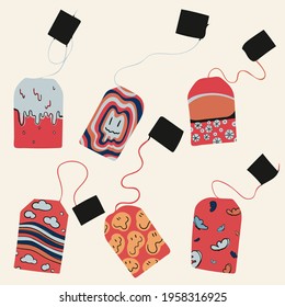 Set Of Creative Hand Drawn Illustrations For Restaurant Menu, Booklet, Brochure Design. Collage Of 6 Tea Bags With Various Trendy Hipster Patterns. Isolated Drawings In Vintage Colorful 1960s Style.