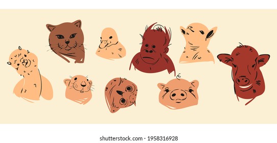 Set of creative hand drawn illustrations for design of covers, stickers, books. Collage of 8 drawings of various domestic and wild animals. Isolated drawings for children in vintage colorful style.